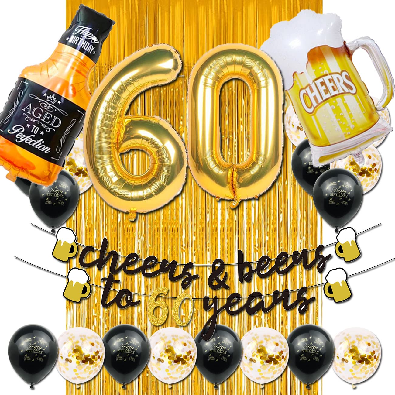 60th Birthday Decorations for Men, Happy 60th Birthday Decorations with 40 Inch Gold 60 Number Balloons, Birthday Banner, Latex Balloon, Fringe Curtains and Foil Balloons