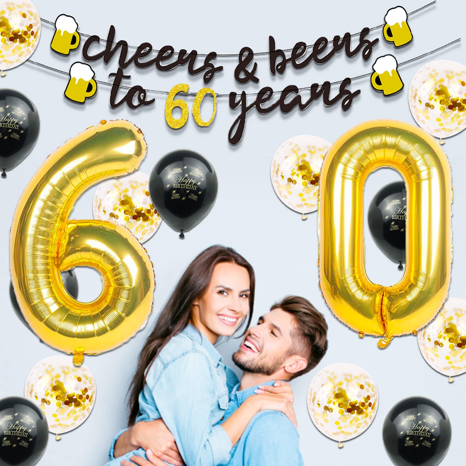 60th Birthday Decorations for Men, Happy 60th Birthday Decorations with 40 Inch Gold 60 Number Balloons, Birthday Banner, Latex Balloon, Fringe Curtains and Foil Balloons
