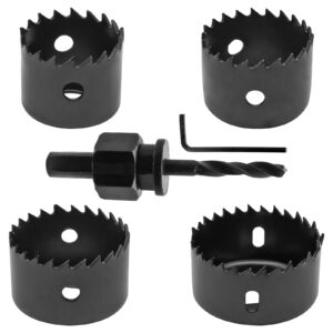 aracombie 4pcs 1-1/4 inch to 2-1/8 inch hole saw kit for wood, 1.2 inch cutting depth hole cutter drill bit with mandrel, round hole saw set for cornhole boards plastic drywall soft metal (black)