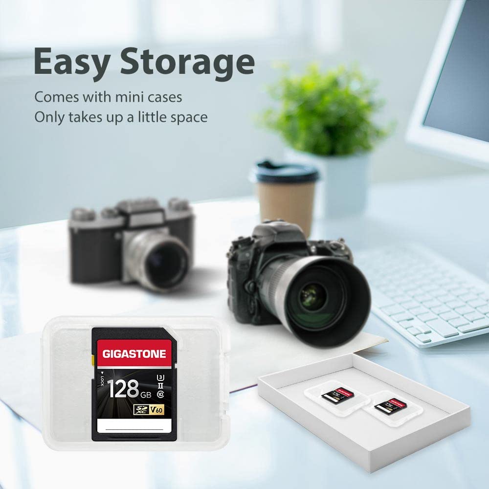 Gigastone 128GB SD Card UHS-II V60 U3 SDXC Memory Card High Speed Read up to 250MB/s 4K Ultra HD UHD Video for DSLR Canon Nikon Sony Pentax Kodak Olympus Panasonic Digital Camera, with 1 Mini case