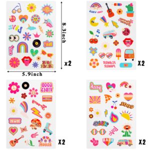 VERSRH 8pcs Groovy 70’s Temporary Tattoos, 91 Design Cute Fake Tattoos for Kids Party Favor, Cartoon Waterproof Body Sticker Decoration, 70’s Retro Hippie Theme Tattoo for Boys Girls Birthday Party