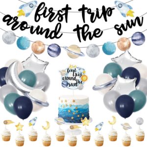 first trip around the sun birthday decorations -58pcs outer space 1st birthday banner first trip around the sun cake toppers solar system party balloons for galaxy party supplies set