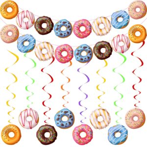 34 Pcs Donut Party Decorations Include 2 Pcs Donut Garland Banner and 32 Pcs Donut Hanging Swirl Party Supplies for Birthday Baby Shower Grow Up Party Favors