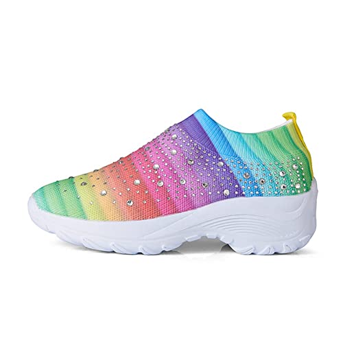 Women's Crystal Breathable Orthopedic Slip On Walking Shoes, Rhinestone Glitter,Ultra-Light Breathable. (9US, Rainbow)