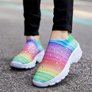 Women's Crystal Breathable Orthopedic Slip On Walking Shoes, Rhinestone Glitter,Ultra-Light Breathable. (9US, Rainbow)