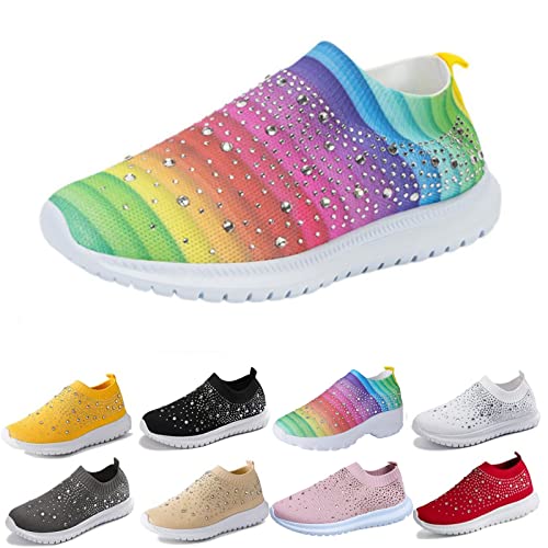 Women's Crystal Breathable Orthopedic Slip On Walking Shoes, Rhinestone Glitter,Ultra-Light Breathable. (9US, Rainbow)