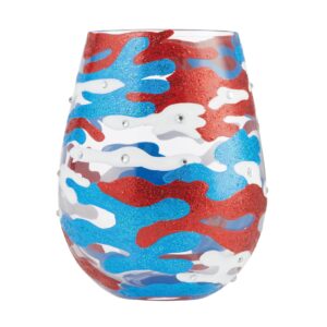 enesco designs by lolita patriotic camoflauge hand-painted artisan stemless wine glass, 20 ounce, multicolor