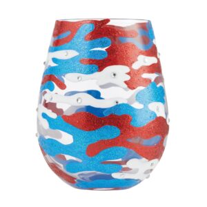 Enesco Designs by Lolita Patriotic Camoflauge Hand-Painted Artisan Stemless Wine Glass, 20 Ounce, Multicolor