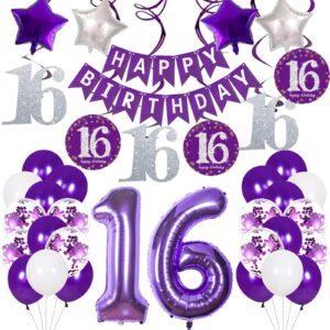 sweet 16 birthday decorations, purple 16th birthday party decorations for girls boys teenager, happy birthday banner bolloons silver number 16 balloons for him & her 16 years old birthday party