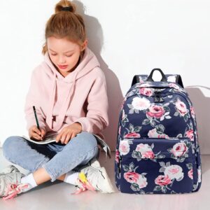 Joyfulife Backpack for Girls, Teen Backpacks Lightweight Kids Bookbags School Backpack with Lunch Box Pencil Case Travel Laptop Backpack Casual Daypacks Floral (Dark Blue)