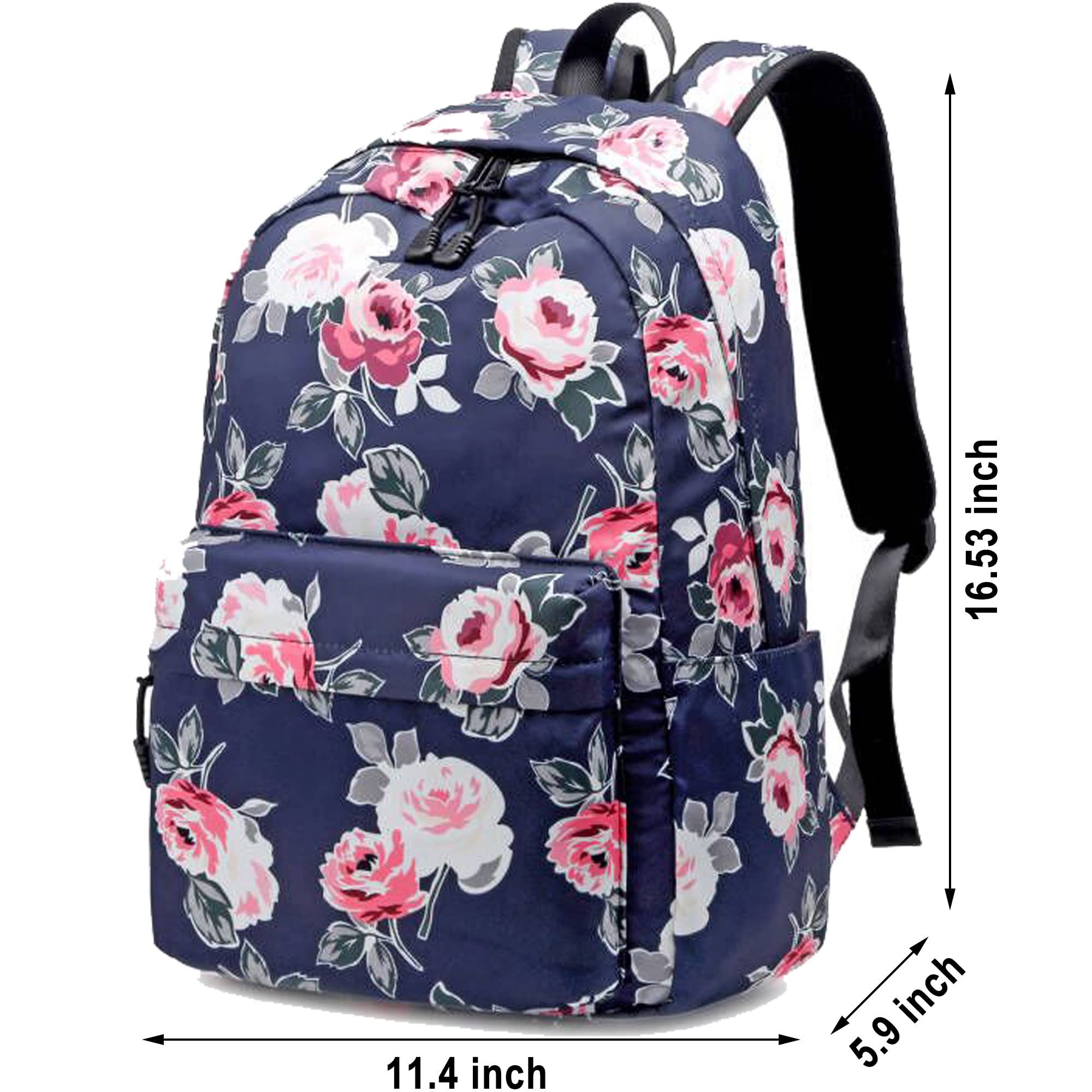 Joyfulife Backpack for Girls, Teen Backpacks Lightweight Kids Bookbags School Backpack with Lunch Box Pencil Case Travel Laptop Backpack Casual Daypacks Floral (Dark Blue)