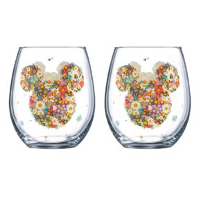 jerry leigh multicolored floral mickey mouse outlined stemless drinking glasses, disney souvenir collectable flower print adult glass, 14.5 oz, 2 pack, multicolor