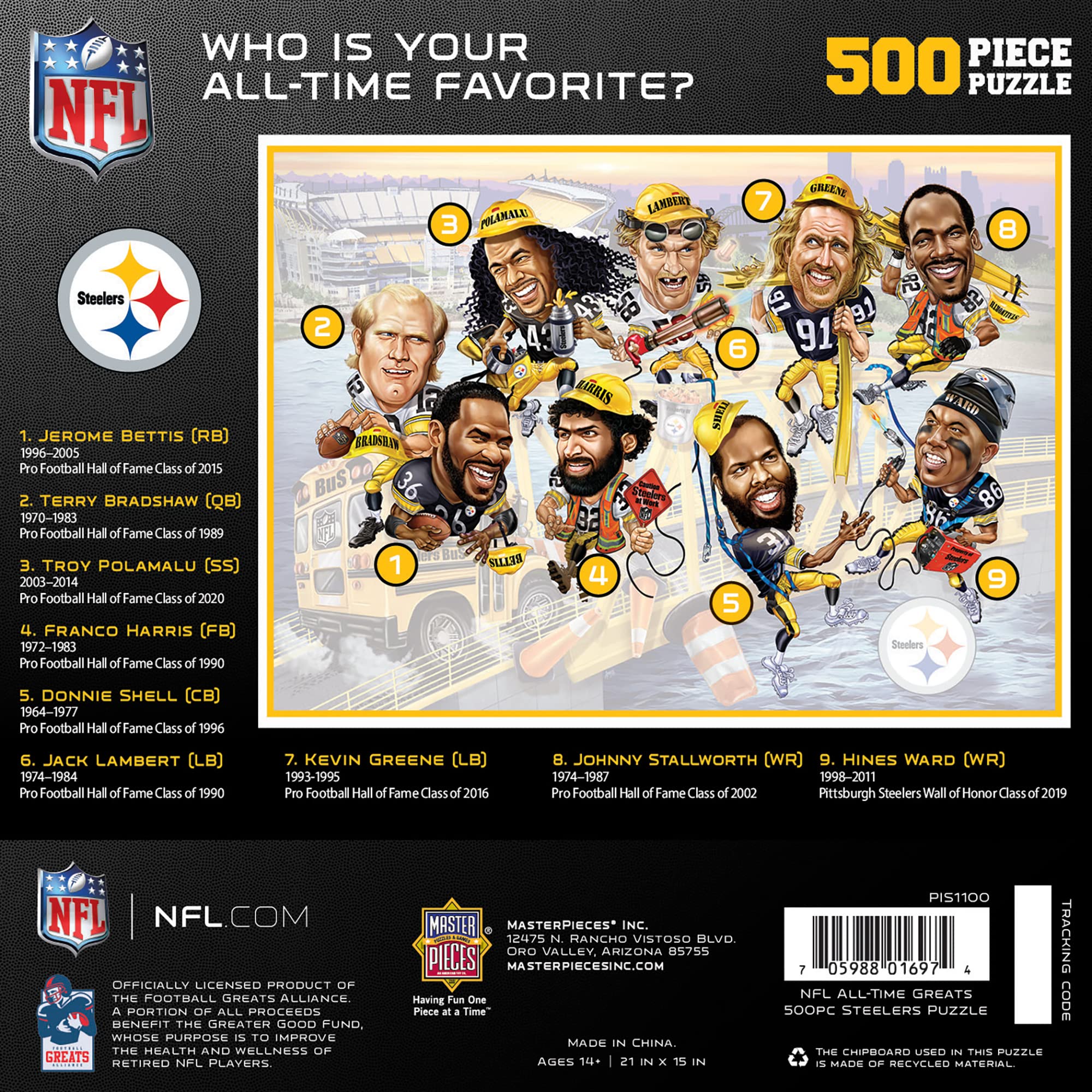 Baby Fanatic MasterPieces 500 Piece Sports Jigsaw Puzzle for Adults - NFL Pittsburgh Steelers All-Time Greats - 15x21