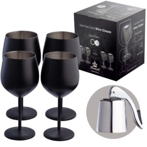 mosscoff stainless steel wine glass set of 4 - black and silver collection - 18 oz/530 ml unbreakable wine glasses with a wine stopper - portable metal wine glass