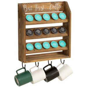 mygift wall mounted rustic burnt solid wood coffee pod holder for k cups espresso pod storage rack and coffee mug holder with 4 hooks and but first coffee quote