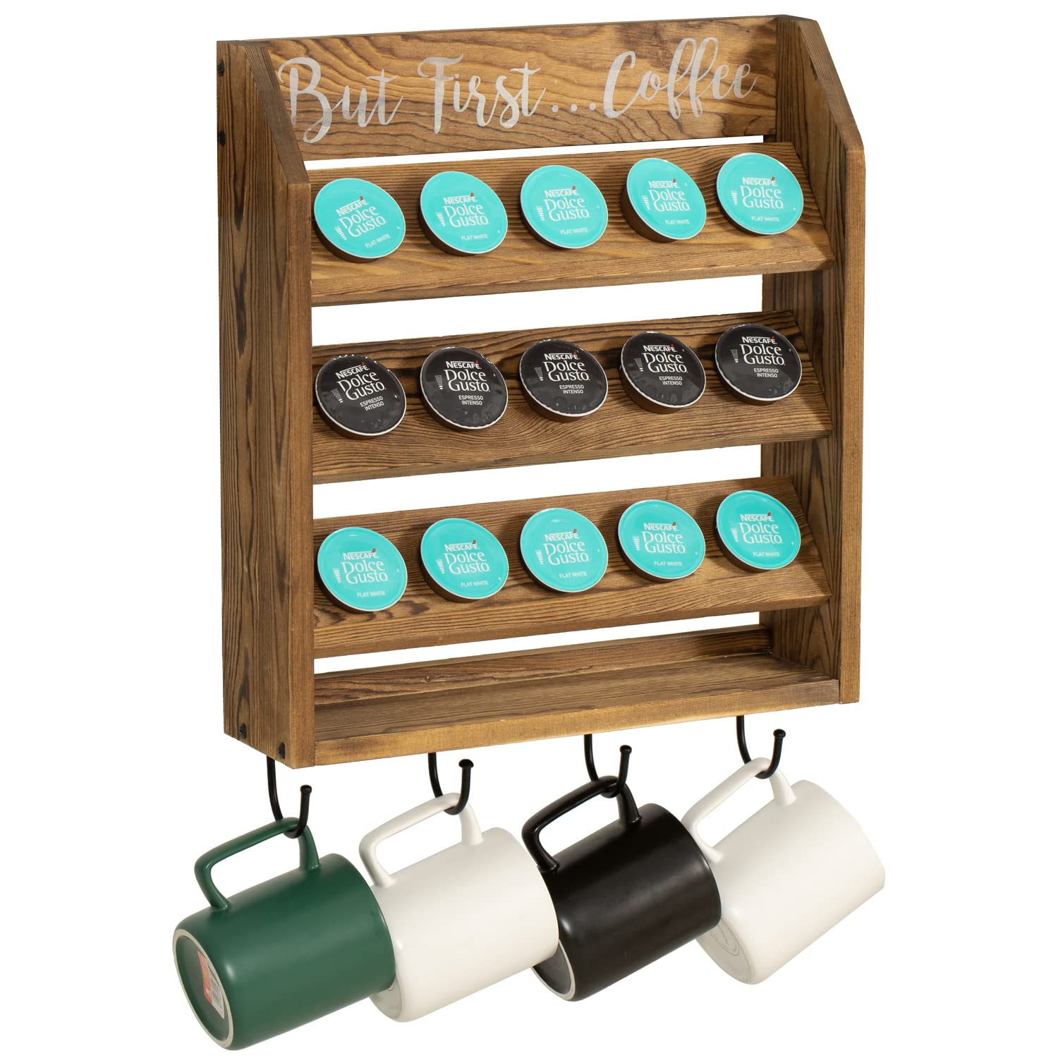 MyGift Wall Mounted Rustic Burnt Solid Wood Coffee Pod Holder for K Cups Espresso Pod Storage Rack and Coffee Mug Holder with 4 Hooks and But First Coffee Quote