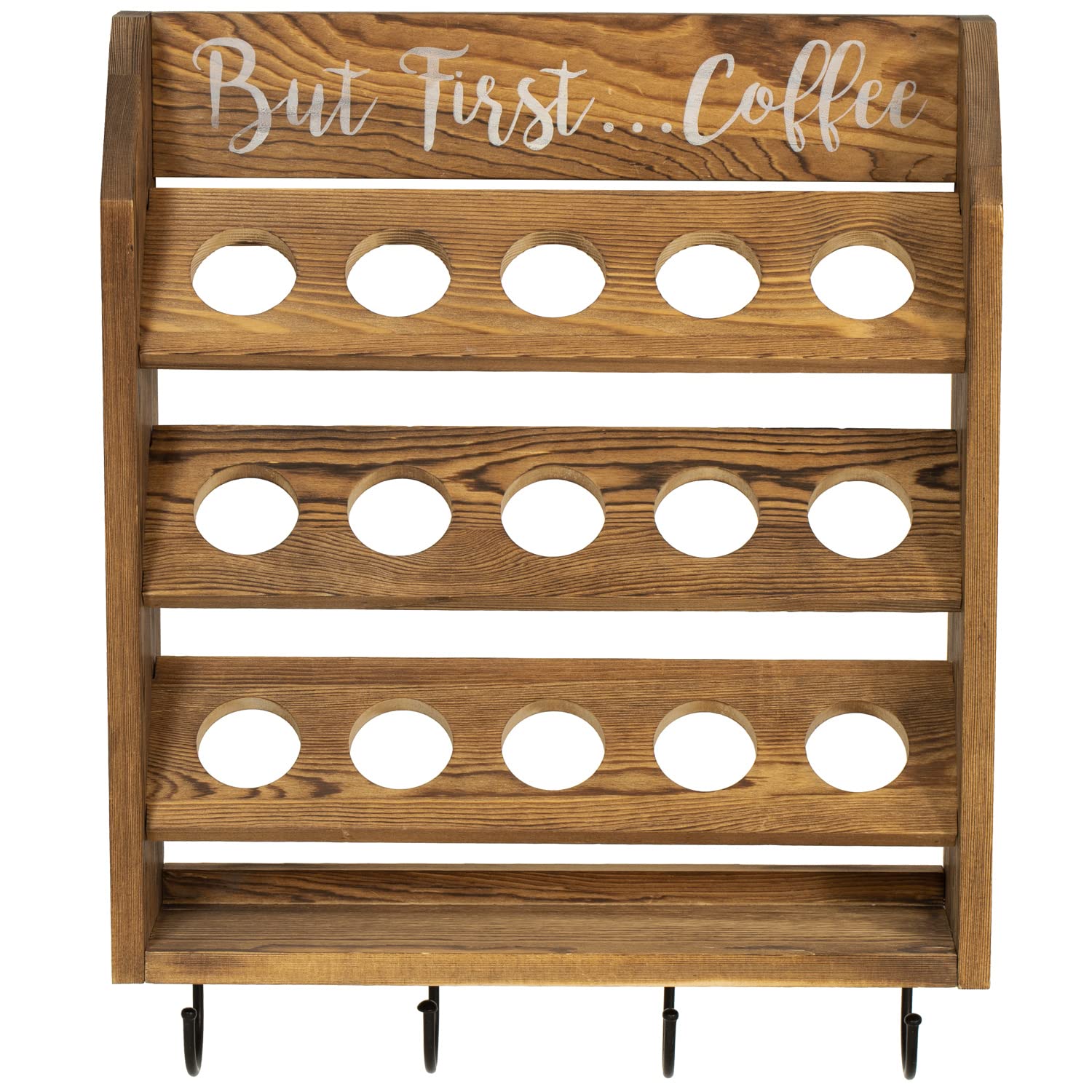 MyGift Wall Mounted Rustic Burnt Solid Wood Coffee Pod Holder for K Cups Espresso Pod Storage Rack and Coffee Mug Holder with 4 Hooks and But First Coffee Quote