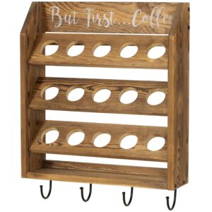 MyGift Wall Mounted Rustic Burnt Solid Wood Coffee Pod Holder for K Cups Espresso Pod Storage Rack and Coffee Mug Holder with 4 Hooks and But First Coffee Quote