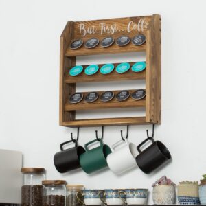 MyGift Wall Mounted Rustic Burnt Solid Wood Coffee Pod Holder for K Cups Espresso Pod Storage Rack and Coffee Mug Holder with 4 Hooks and But First Coffee Quote