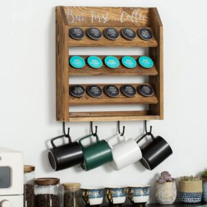 MyGift Wall Mounted Rustic Burnt Solid Wood Coffee Pod Holder for K Cups Espresso Pod Storage Rack and Coffee Mug Holder with 4 Hooks and But First Coffee Quote