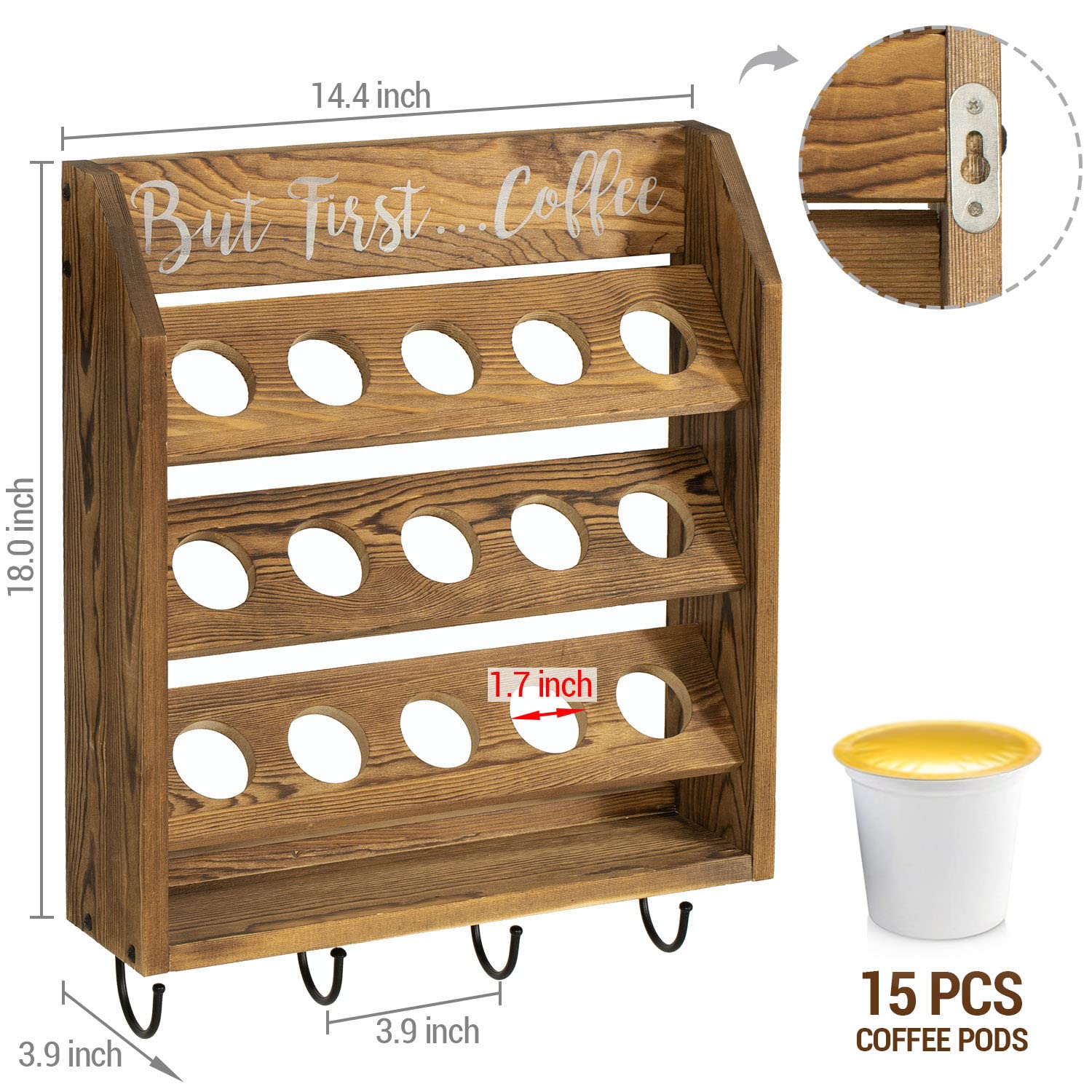 MyGift Wall Mounted Rustic Burnt Solid Wood Coffee Pod Holder for K Cups Espresso Pod Storage Rack and Coffee Mug Holder with 4 Hooks and But First Coffee Quote