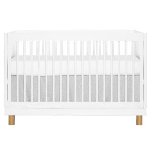 evolur loft art deco 3-in-1 convertible crib in white with gold hardware, greenguard gold certified, 3 mattress height settings, features rounded spindles, converts to toddler bed & daybed