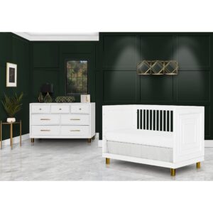 Evolur Loft Art Deco 3-in-1 Convertible Crib in White with Gold Hardware, Greenguard Gold Certified, 3 Mattress Height Settings, Features Rounded Spindles, Converts to Toddler Bed & Daybed
