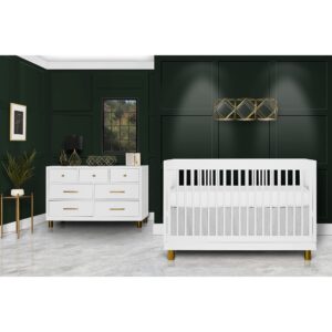 Evolur Loft Art Deco 3-in-1 Convertible Crib in White with Gold Hardware, Greenguard Gold Certified, 3 Mattress Height Settings, Features Rounded Spindles, Converts to Toddler Bed & Daybed