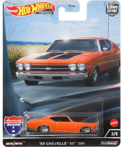 Hot Wheels Premium 1969 Chevy Chevelle SS 396 Orange with Black Stripes American Scene Car Culture Series Diecast Model Car HCJ83