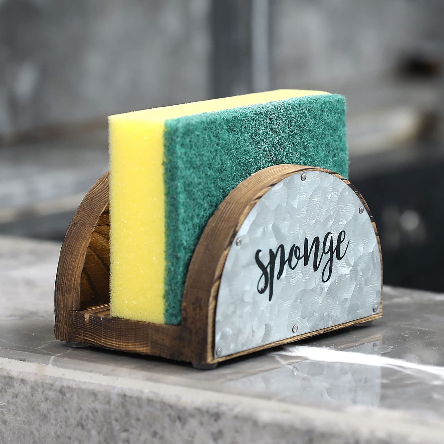 MyGift Burnt Wood Semicircle Kitchen Sink Sponge Holder with Galvanized Metal and Black Sponge Cursive Lettering