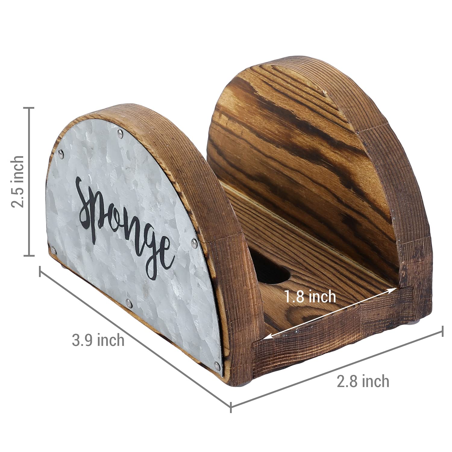 MyGift Burnt Wood Semicircle Kitchen Sink Sponge Holder with Galvanized Metal and Black Sponge Cursive Lettering