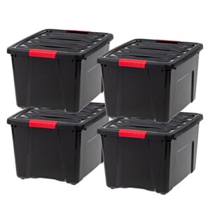 iris usa 40 quart stackable plastic storage bins with lids and latching buckles, 4 pack - black, containers with lids and latches, durable nestable closet, garage, totes, tubs boxes organizing