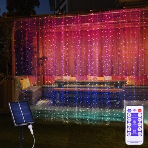 xinxianlian 300 led solar curtain lights outdoor indoor solar christmas lights fairy window lights waterproof, twinkle lights 8 modes christmas decoration for home patio (multi-colored)
