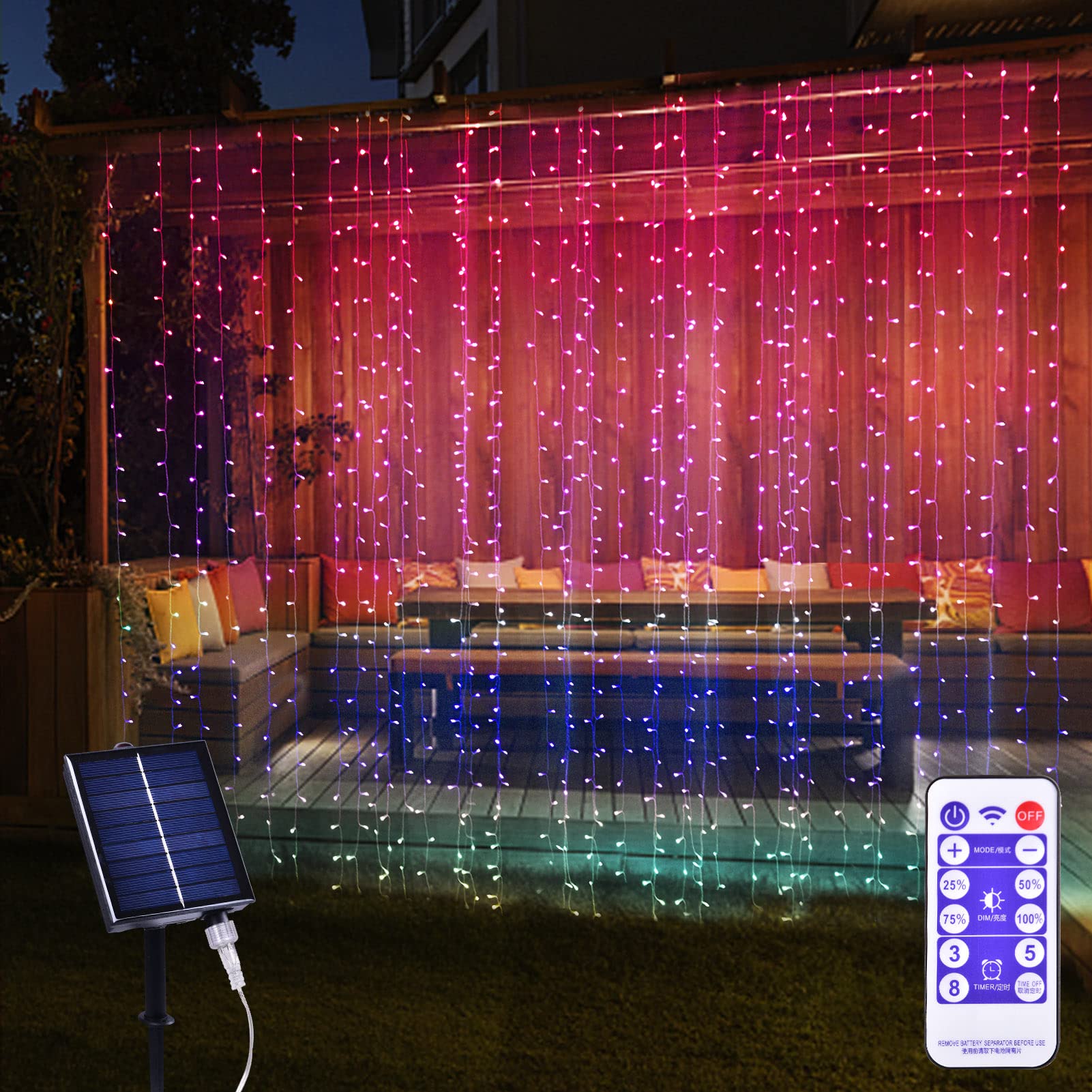 XINXIANLIAN 300 LED Solar Curtain Lights Outdoor Indoor Solar Christmas Lights Fairy Window Lights Waterproof, Twinkle Lights 8 Modes Christmas Decoration for Home Patio (Multi-Colored)