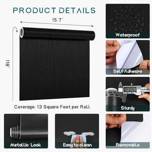 VEELIKE Black Brushed Stainless Steel Contact Paper for Kitchen Appliances 15.7''x118'' Black Peel and Stick Wallpaper Waterproof Self Adhesive Contact Paper for Countertops Cabinets Fridge Dishwasher