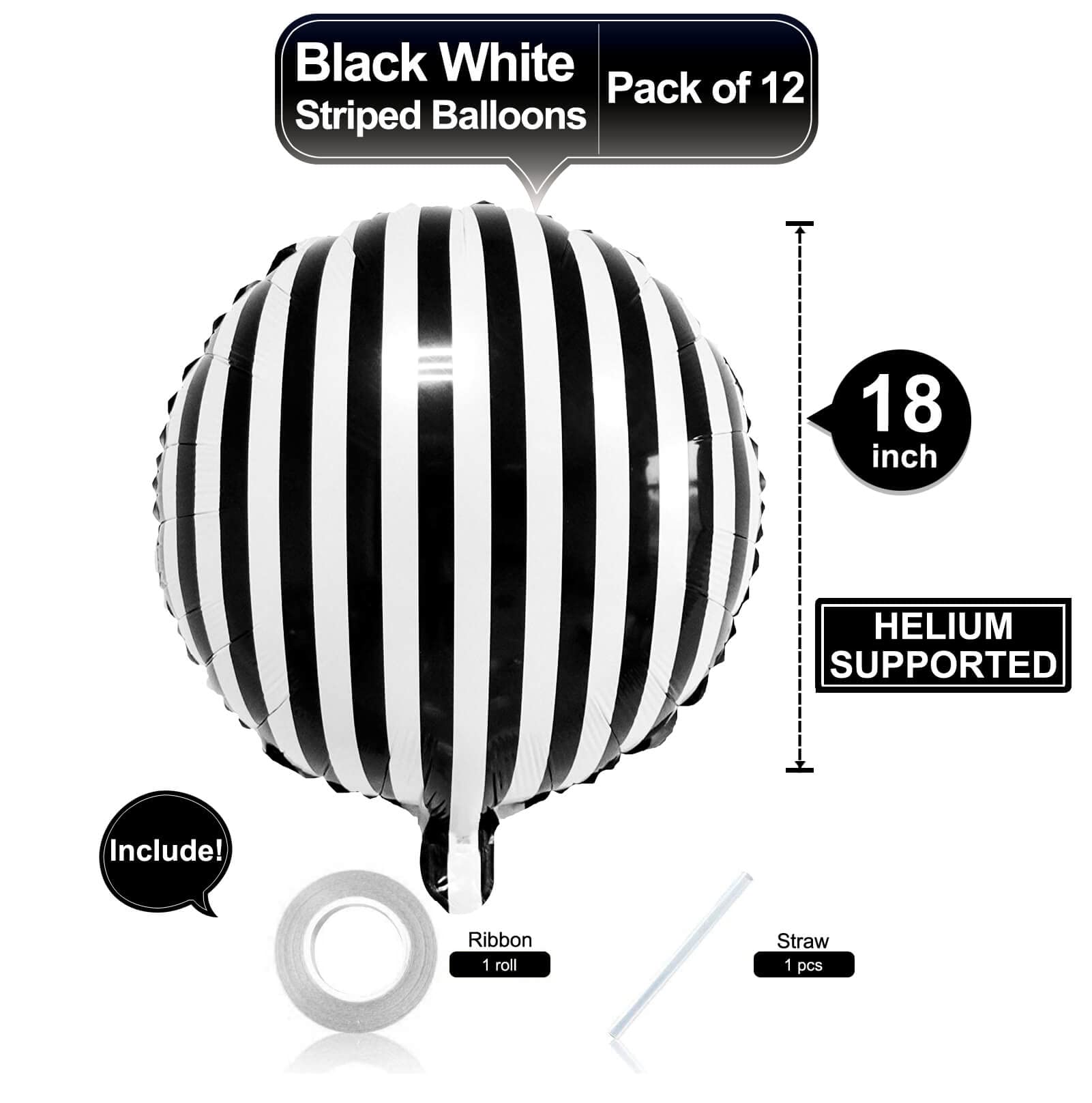 12 Pack 18 Inch Striped Balloons Helium Foil Mylar Black and White Striped Balloons for Black&White Themed Birthday Baby Shower Ceremonies Holiday Parties Decorations Supplies