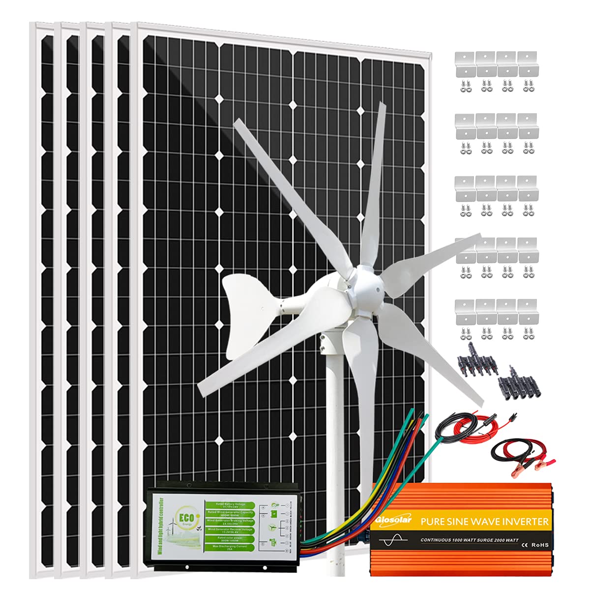 1000W Solar Wind Power Kit Home Off-Grid System for Charging 12V Battery:5 X 120W Mono Solar Panel + 400W Wind Turbine Generator + Hybrid Controller+ 3000W 12V Inverter