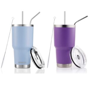 product image 30oz blue tumbler stainless steel double wall vacuum insulated mug with straw and lid, cleaning brush for cold and hot beverages