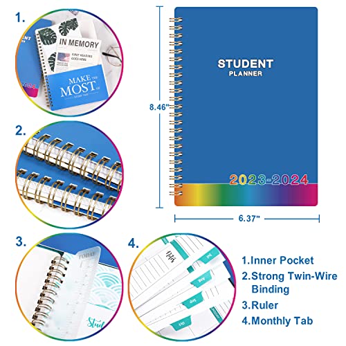 Student Planner 2023-2024 - 2023-2024 School Planner with Stickers, July 2023 - June 2024, 6.3" x 8.4", Academic Monthly & Weekly Planner/Agenda, Thick Paper + Holidays + Twin-Wire Binding - Blue