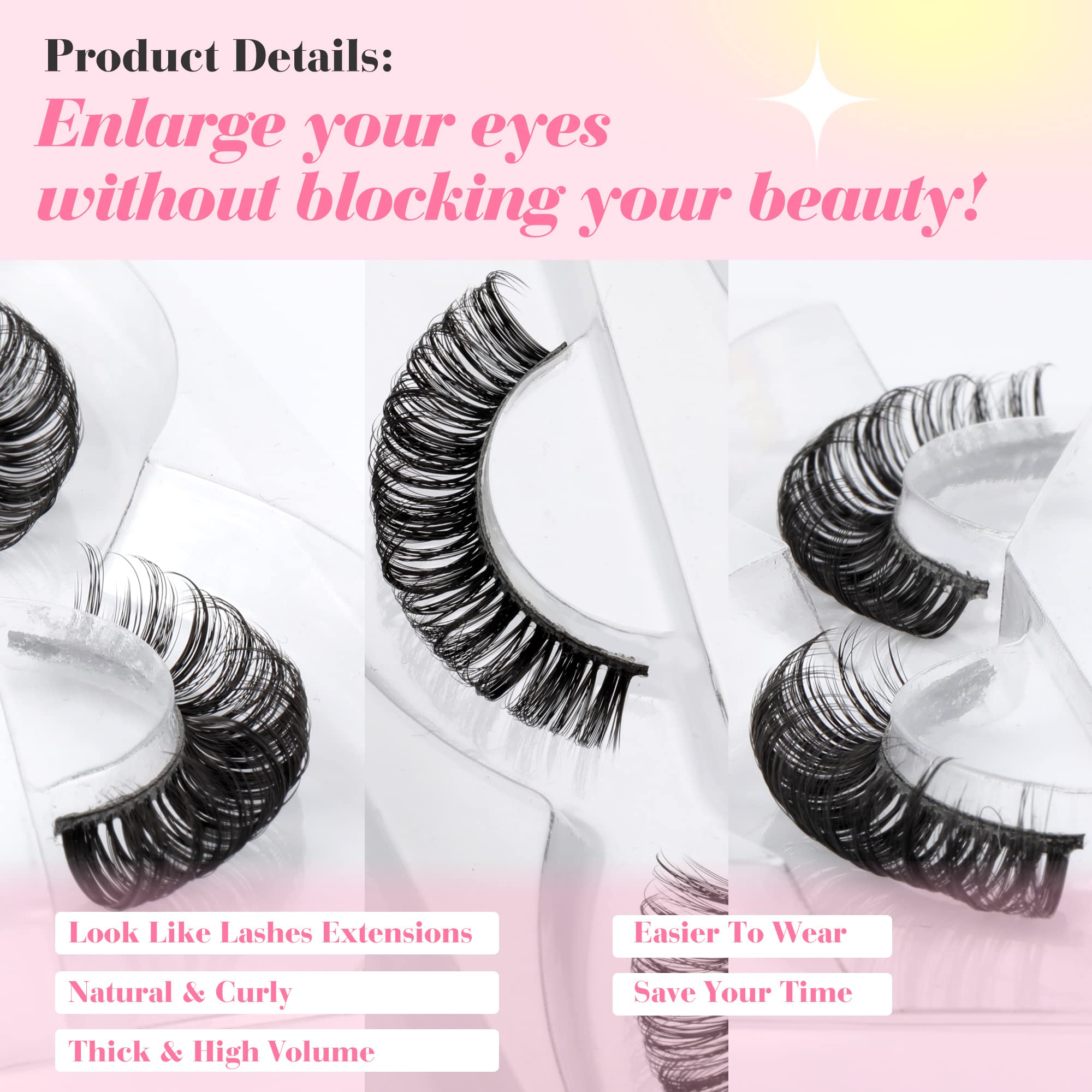 Newcally Russian Strip Lashes Mink DD Curl Wispy Fluffy False Eyelashes Natural Thick Volume Faux Mink Eye Lashes Pack Reusable Handmade Like Fake Lashes Extension 14 Pairs Black