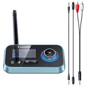 bluetooth transmitter receiver, soomfon 3-in-1 bluetooth 5.0 audio adapter for 2 headphones with lcd display adjustable volume, optical aux rca bypass for tv home stereo speaker