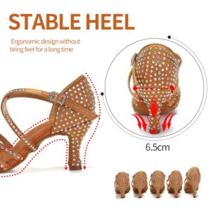 DKZSYIM Women Latin Dance Shoes Rhinestone Ballroom Salsa Performance Dancing Shoes,40402-Brown-6.5,US 10