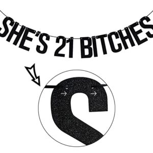 She's 21 Bitches Banner, Girls 21st Birthday Party Decorations, Cheers to 21 Years, 21st Birthday Decorations for Women Black Glitter