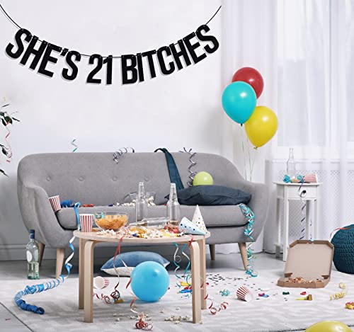 She's 21 Bitches Banner, Girls 21st Birthday Party Decorations, Cheers to 21 Years, 21st Birthday Decorations for Women Black Glitter