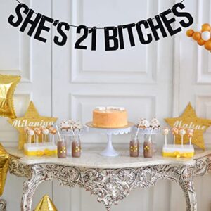 She's 21 Bitches Banner, Girls 21st Birthday Party Decorations, Cheers to 21 Years, 21st Birthday Decorations for Women Black Glitter