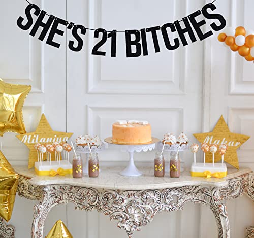 She's 21 Bitches Banner, Girls 21st Birthday Party Decorations, Cheers to 21 Years, 21st Birthday Decorations for Women Black Glitter