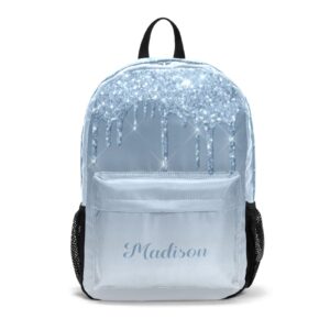 nzoohy dripping glitter blue personalized backpack custom text unisex bookbag for boy girl travel daypack bag purse 17.7 in