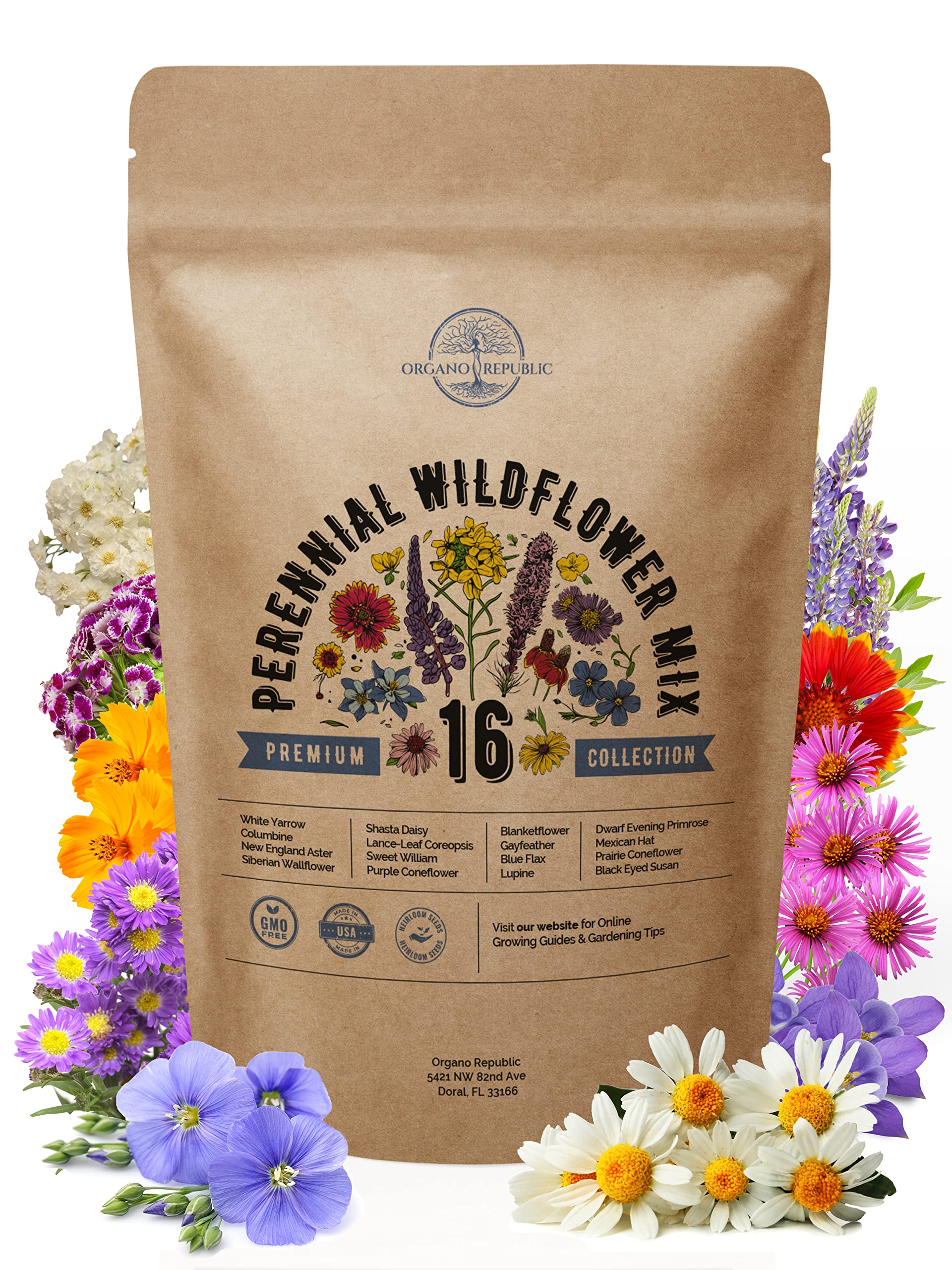 Organo Republic 16 Perennial Wildflower Seeds Mix for Indoor & Outdoors. 100,000+ Non-GMO, Heirloom Wildflower Garden Seeds, 4oz Packet for Growing Wild Flowers to Attract Bees, Butterflies & Birds