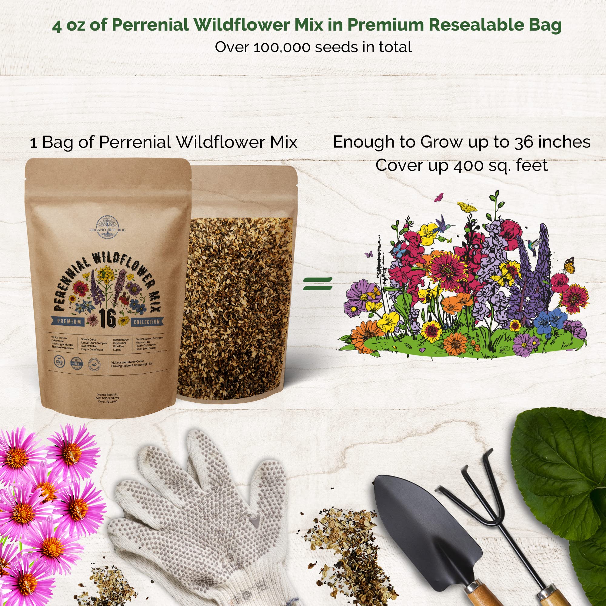 Organo Republic 16 Perennial Wildflower Seeds Mix for Indoor & Outdoors. 100,000+ Non-GMO, Heirloom Wildflower Garden Seeds, 4oz Packet for Growing Wild Flowers to Attract Bees, Butterflies & Birds