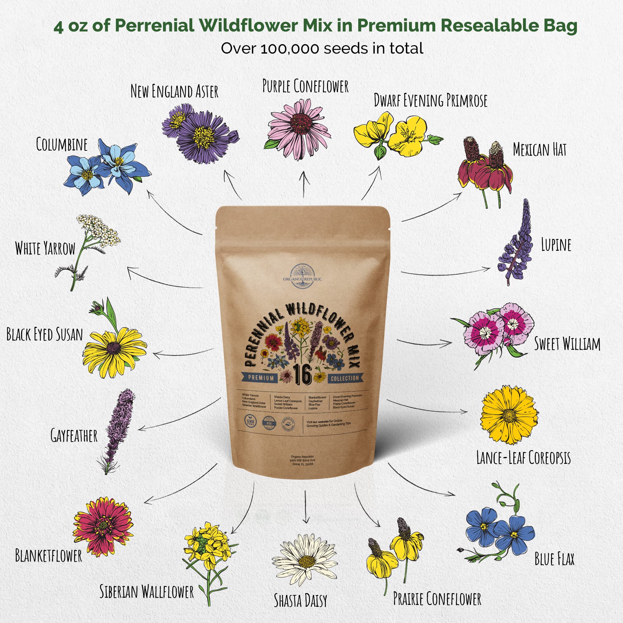 Organo Republic 16 Perennial Wildflower Seeds Mix for Indoor & Outdoors. 100,000+ Non-GMO, Heirloom Wildflower Garden Seeds, 4oz Packet for Growing Wild Flowers to Attract Bees, Butterflies & Birds